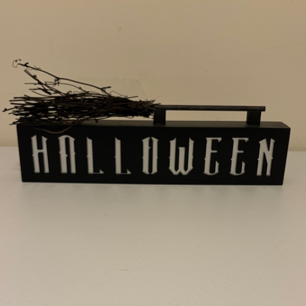 Black Halloween Sign with Broom Decor